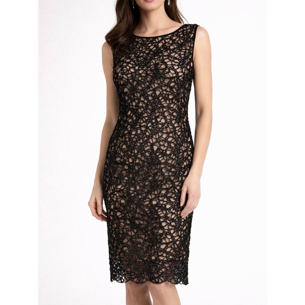 Boutique Moschino Designer Black Beaded Lace Midi Sheath Dress Women’s Size 14